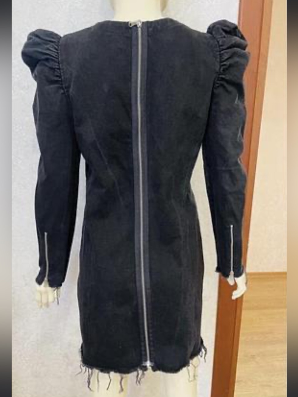 Zara Black Denim Puff Sleeve Zip-Back dress